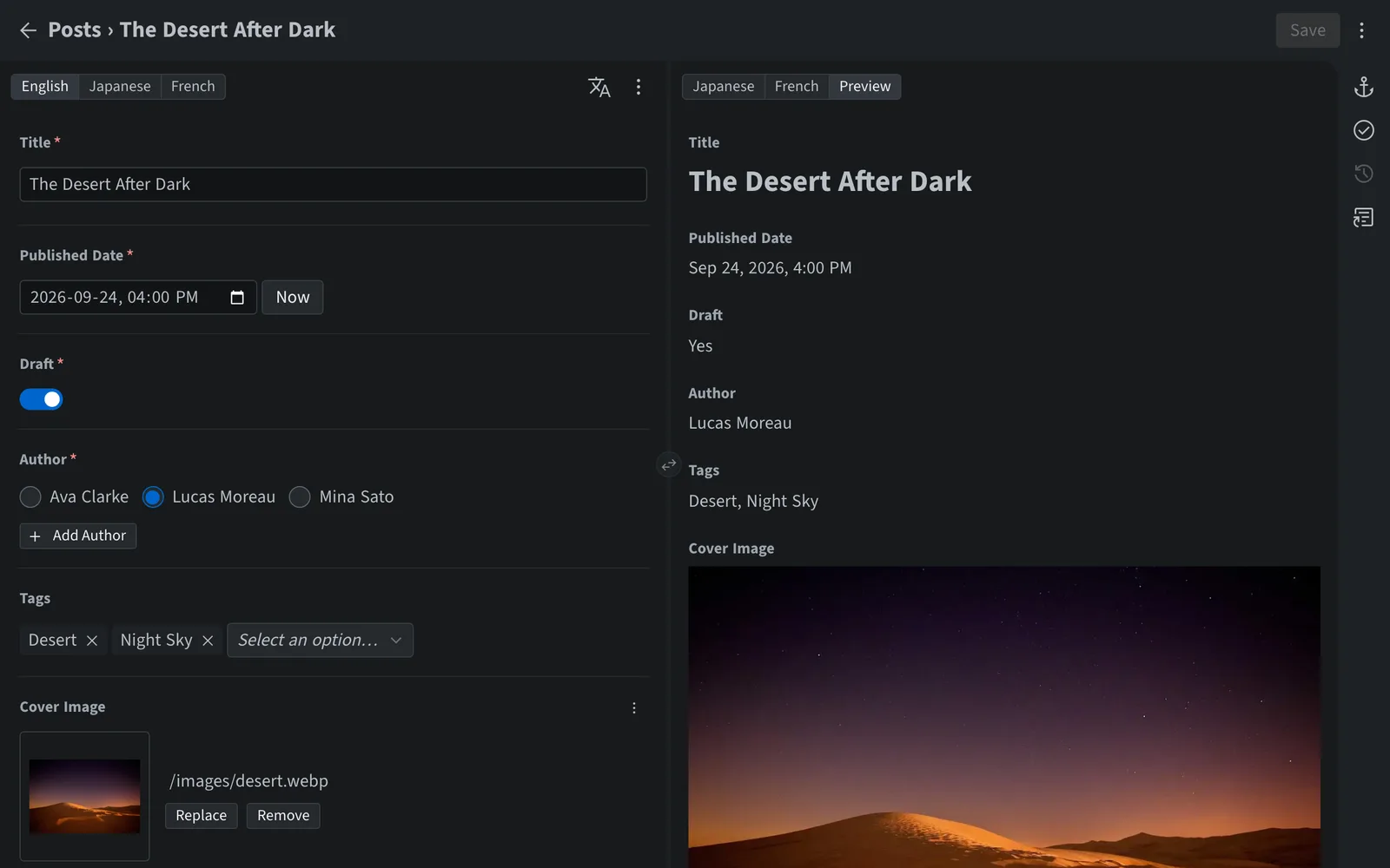 The Sveltia CMS content editor with a blog post on the left and a live preview on the right