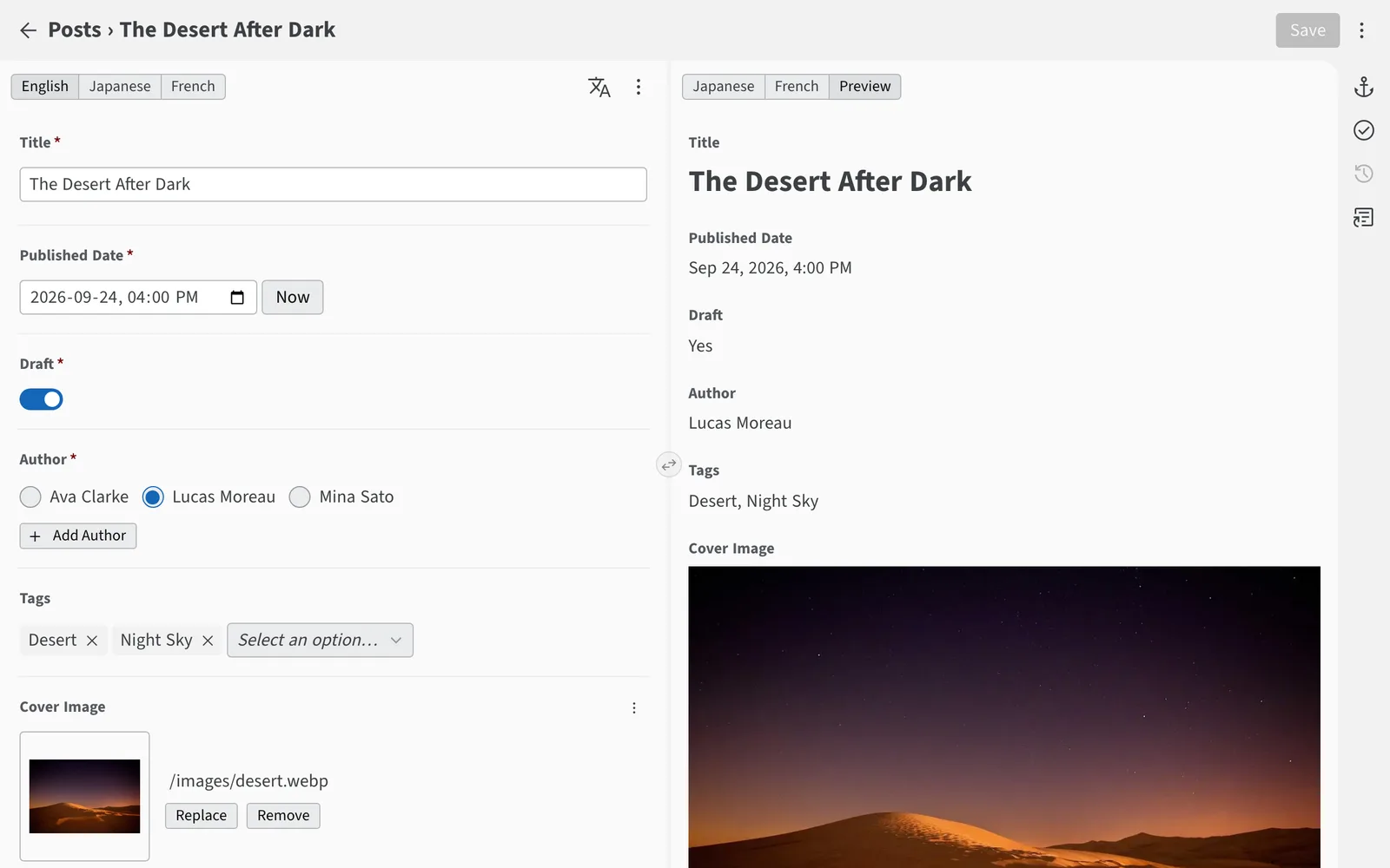 The Sveltia CMS content editor with a blog post on the left and a live preview on the right