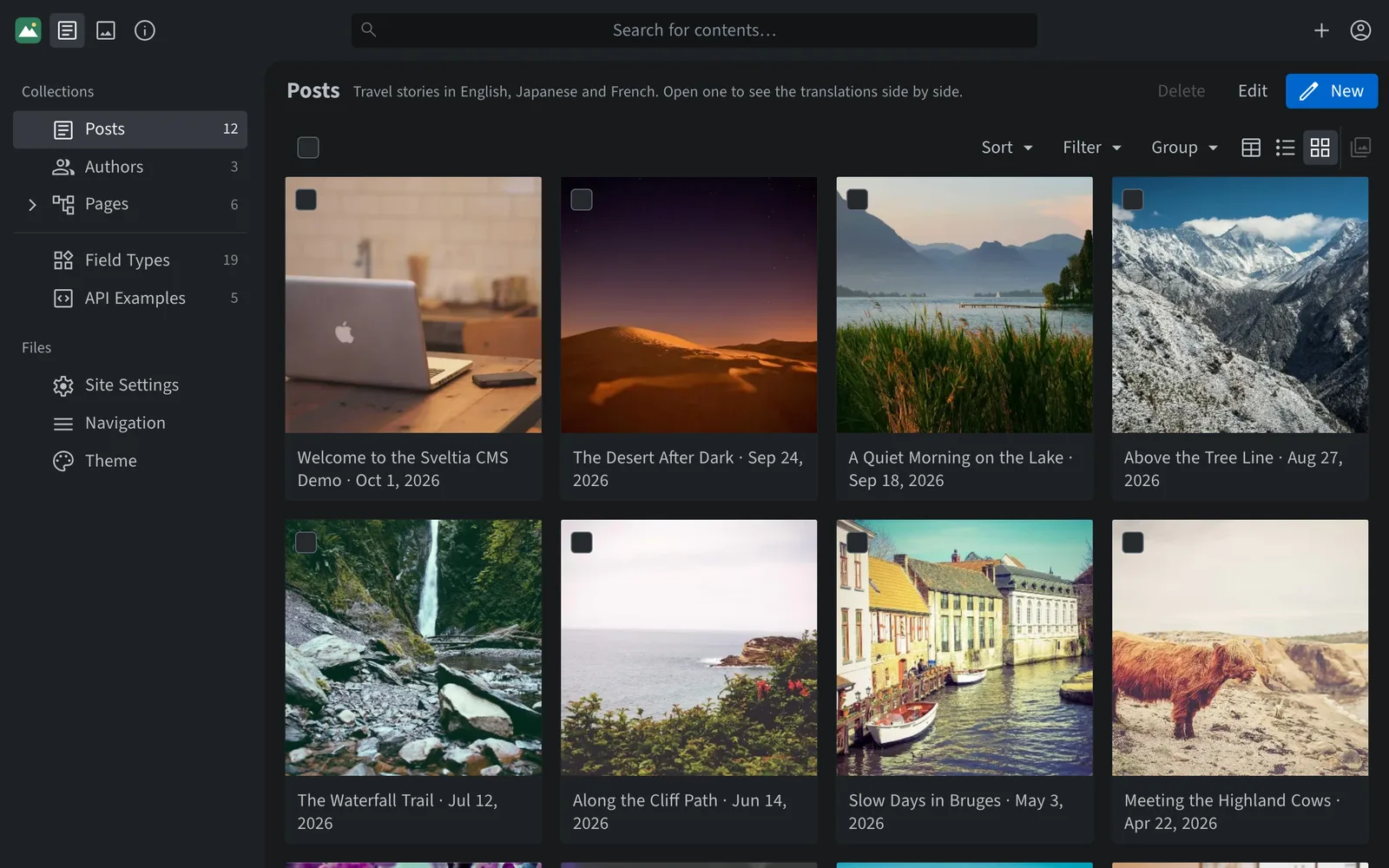 Blog posts shown as a grid of photo cards with titles and dates