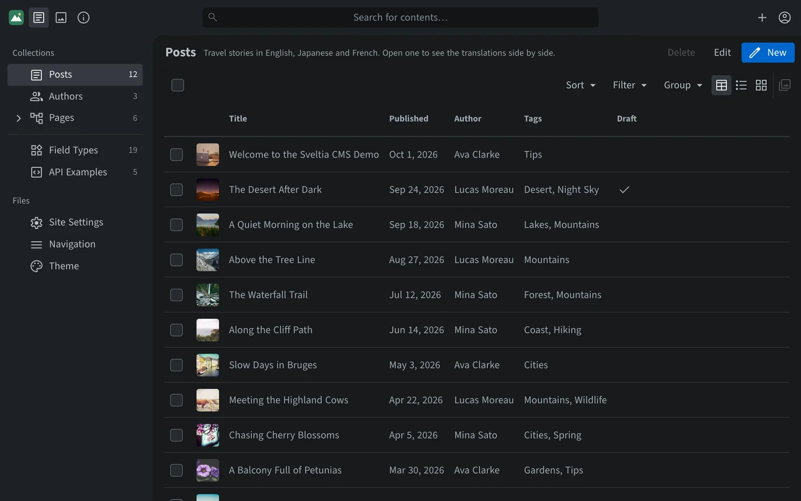 A list of blog posts with thumbnails, publish dates, authors and tags